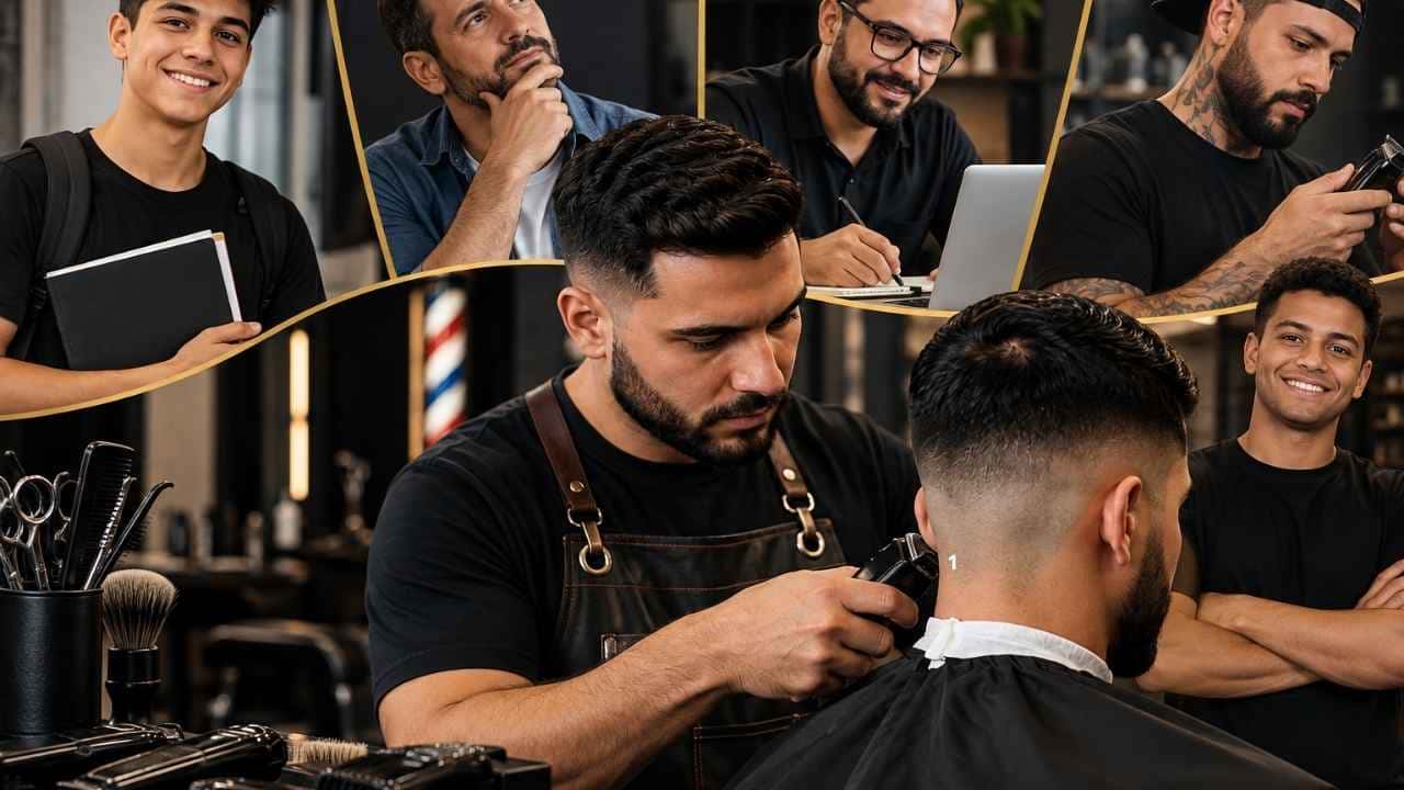 Barbeiro iniciante praticando técnicas de corte de cabelo em uma barbearia durante curso profissional.