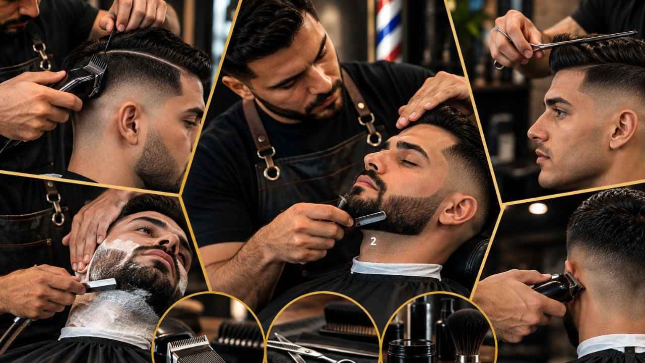 Barbeiro realizando corte de cabelo e acabamento profissional em cliente dentro de uma barbearia.