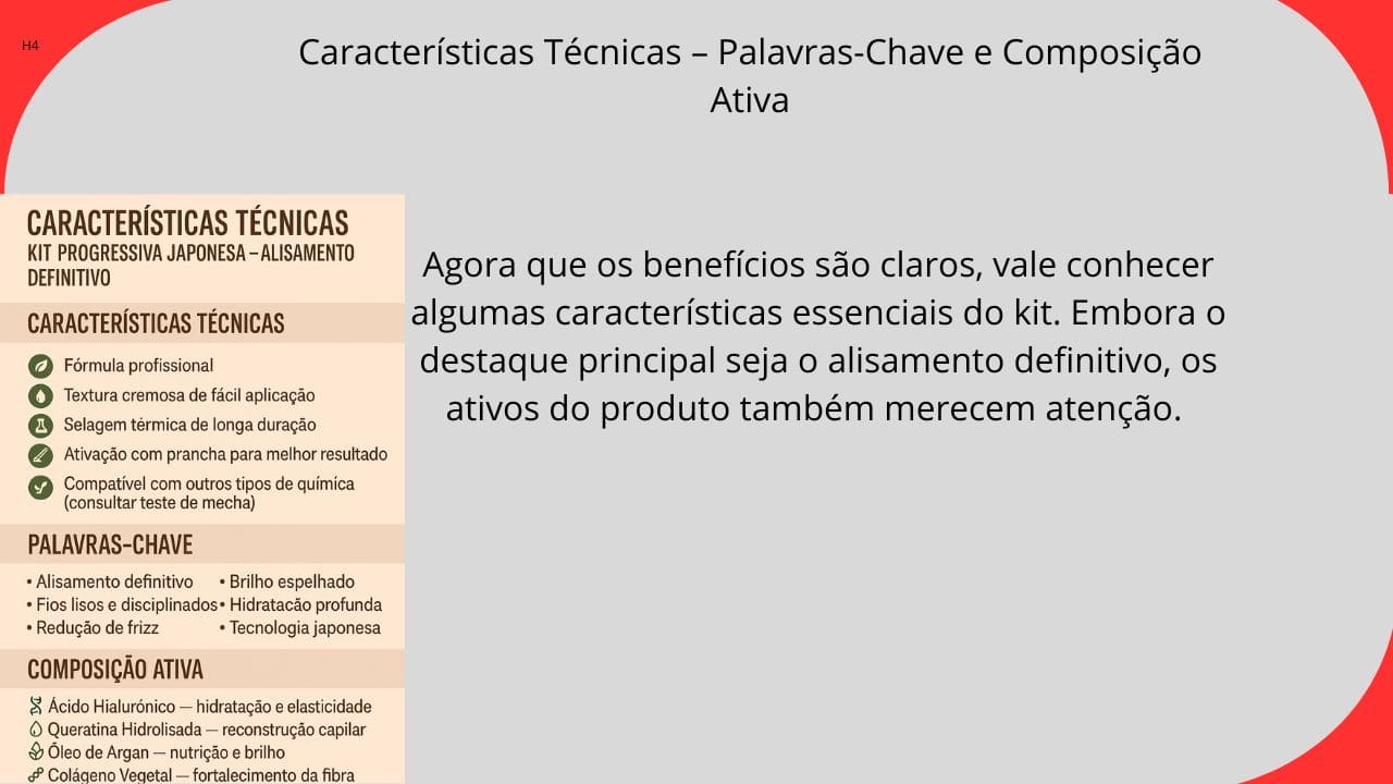 Seção com as características técnicas do produto, destacando palavras-chave e a composição ativa.