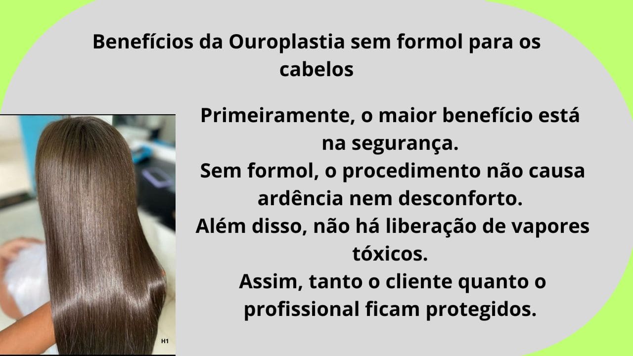 Cabelo liso e brilhante após tratamento de ouroplastia sem formol, destacando fios saudáveis e alinhados.