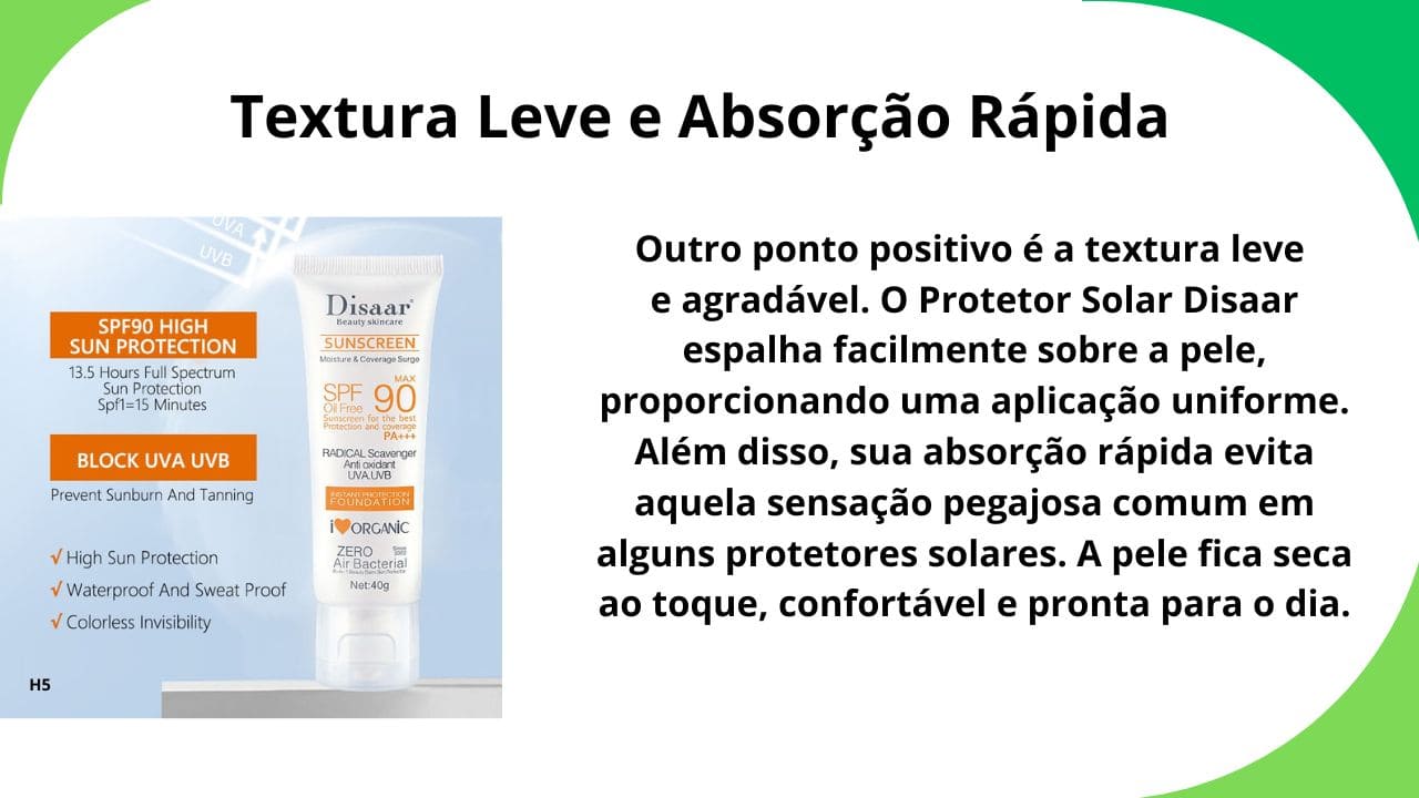 Título destacando a textura leve do produto e sua absorção rápida, proporcionando conforto e praticidade no uso diário.