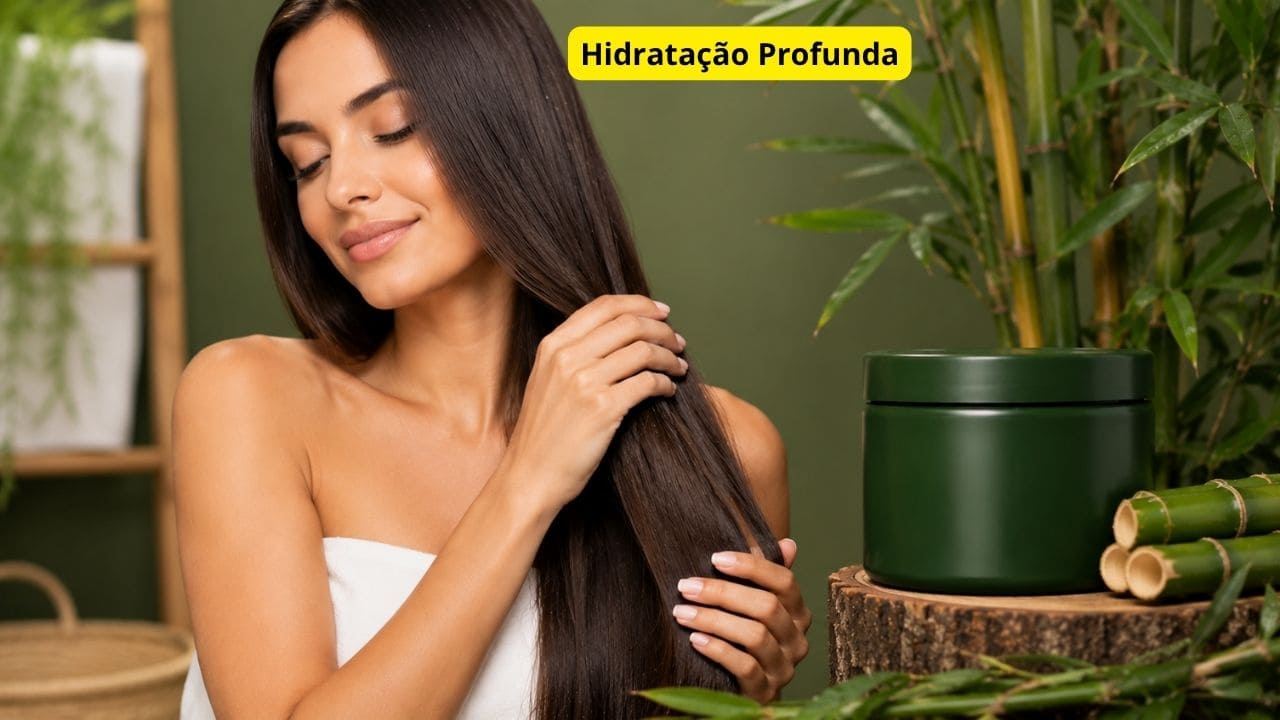 Mulher com cabelo longo, hidratado e brilhante ao lado da Máscara Bambu Lis Ciare em ambiente com bambu e folhas verdes.