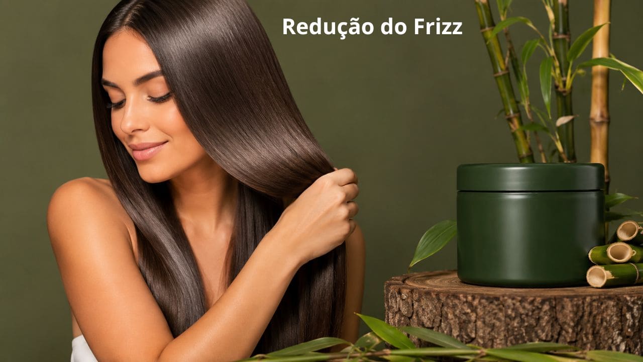 Mulher com cabelo liso e sem frizz após o uso da Máscara Bambu Lis Ciare.

