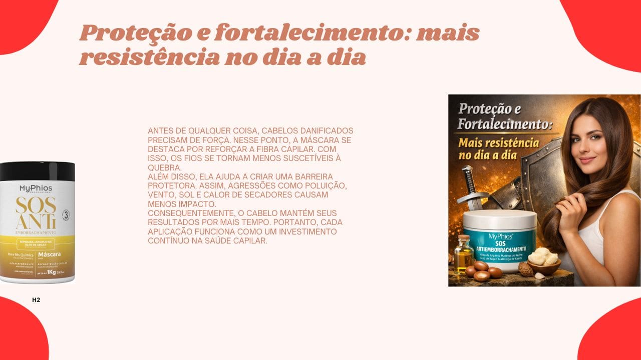 Cabelo visivelmente mais forte e saudável, com fios resistentes e protegidos contra agressões diárias.