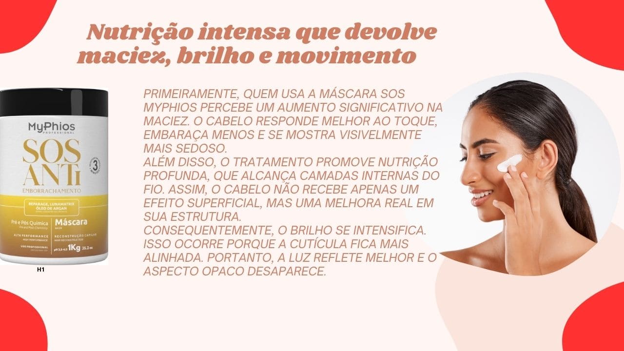 Cabelo saudável e brilhante após tratamento de nutrição intensa, com fios macios, soltos e cheios de movimento.