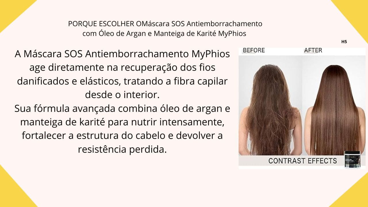 Cabelo danificado sendo tratado com máscara capilar antiemborrachamento MyPhios, resultando em fios mais fortes, macios e brilhantes.