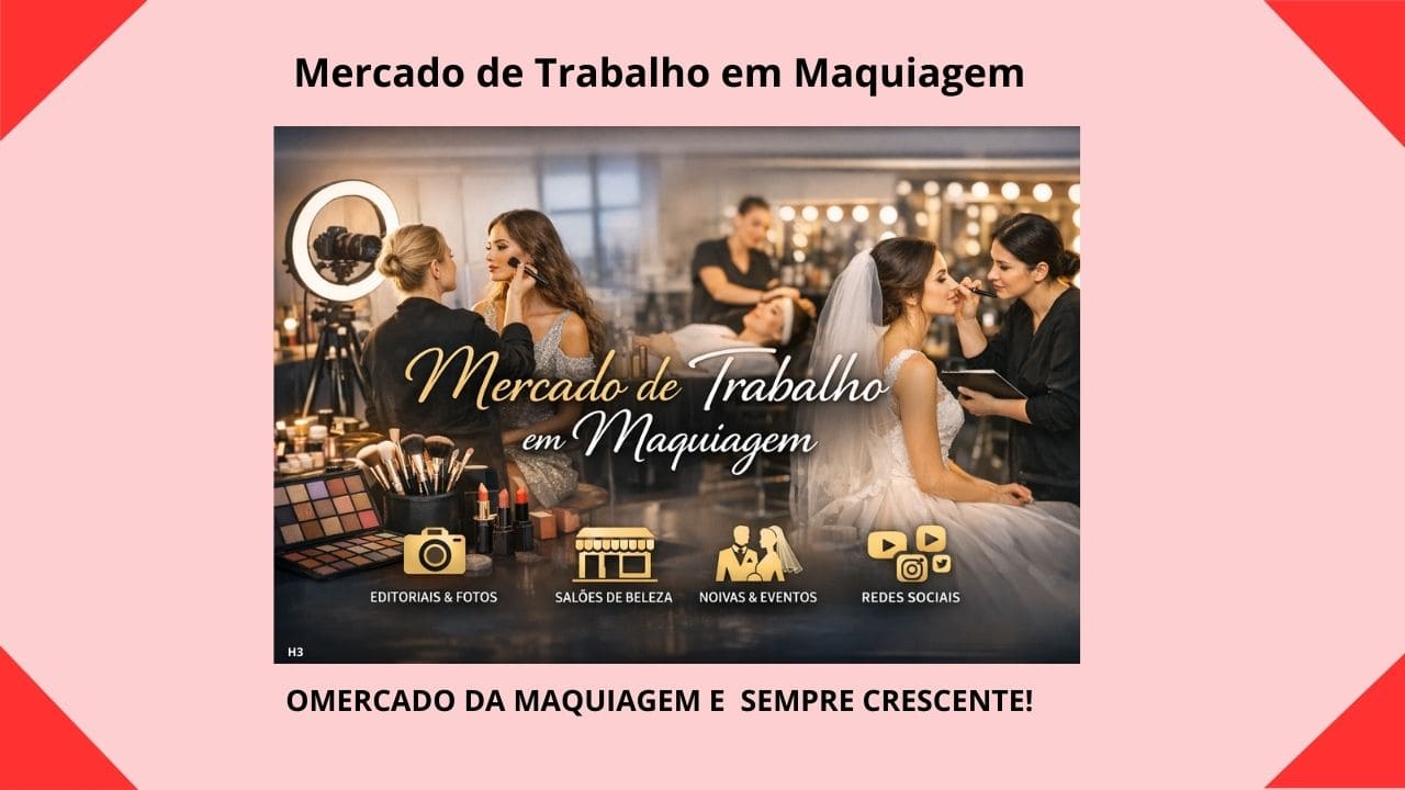 Imagem ilustrativa sobre o mercado de trabalho em maquiagem mostrando uma maquiadora aplicando maquiagem em modelos e representando diferentes áreas profissionais, como salões de beleza, eventos, fotografia e redes sociais.