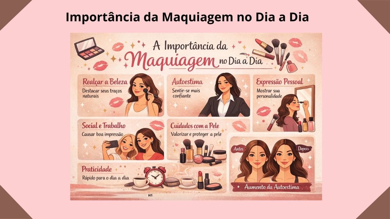 Imagem ilustrativa sobre a importância da maquiagem no dia a dia, mostrando mulheres se maquiando e elementos de beleza que representam autoestima, expressão pessoal, cuidados com a pele e boa apresentação em ambientes sociais e profissionais.