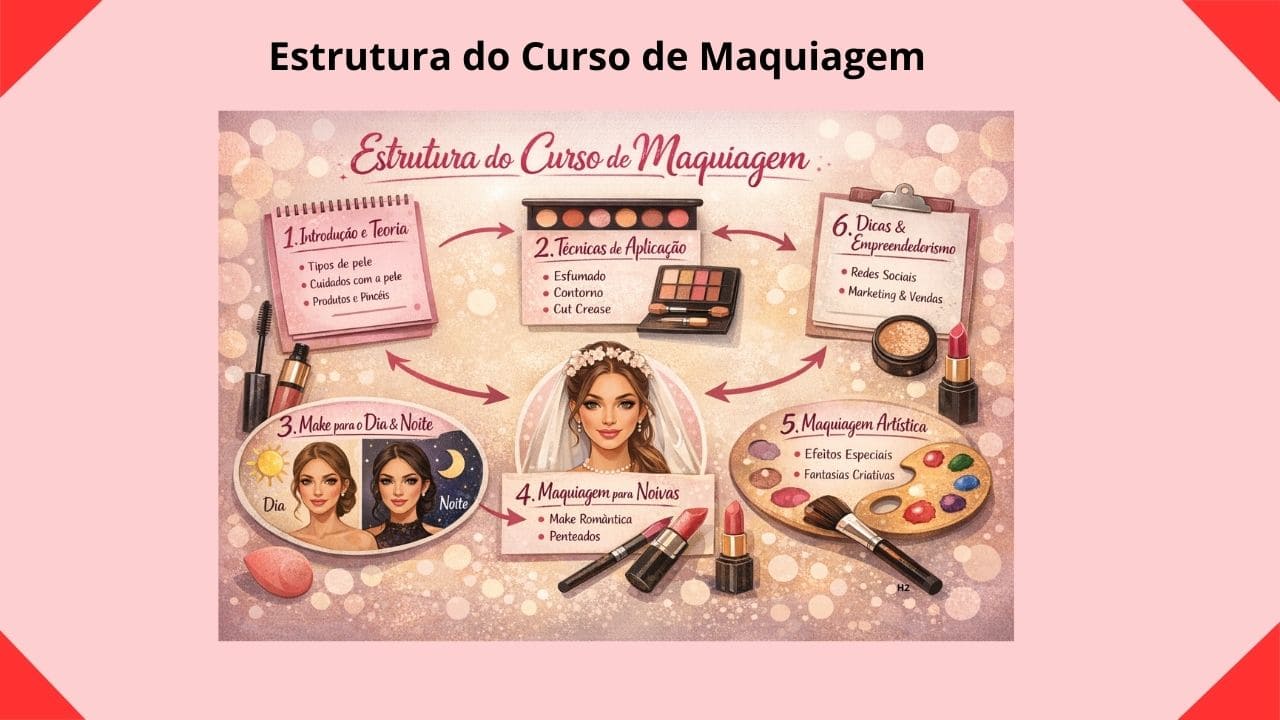 Imagem ilustrativa sobre a importância da maquiagem no dia a dia, mostrando mulheres se maquiando e elementos de beleza que representam autoestima, expressão pessoal, cuidados com a pele e boa apresentação em ambientes sociais e profissionais.