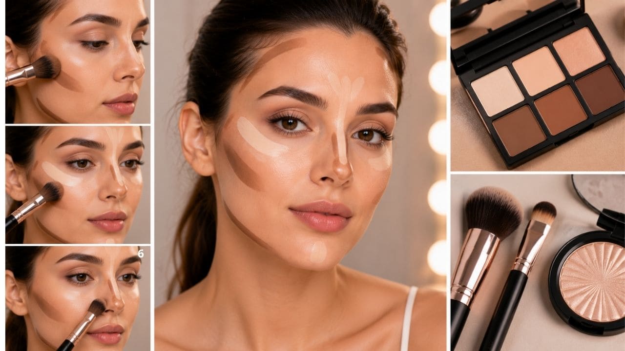 Maquiadora aplicando produtos de contorno e iluminação no rosto de uma cliente com pincéis profissionais, destacando maçãs do rosto, nariz e testa para um efeito natural e sofisticado.