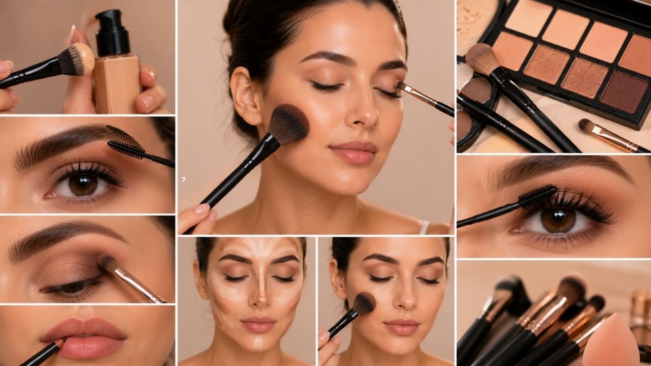 Aluna participando de um curso de maquiagem enquanto pratica técnicas de preparação de pele, aplicação de sombras, contorno e iluminação com o auxílio de pincéis e produtos profissionais.