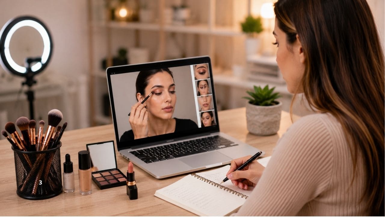 Pessoa assistindo a uma aula de curso de maquiagem online em um notebook enquanto pratica técnicas de maquiagem em um rosto utilizando pincéis, base, sombras e outros cosméticos.