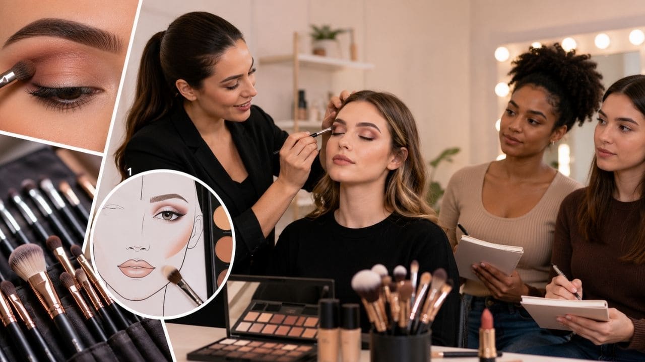 Mulher sendo maquiada por uma profissional em um curso de maquiagem, com diversos pincéis, paleta de sombras e produtos de beleza organizados sobre a bancada de trabalho.