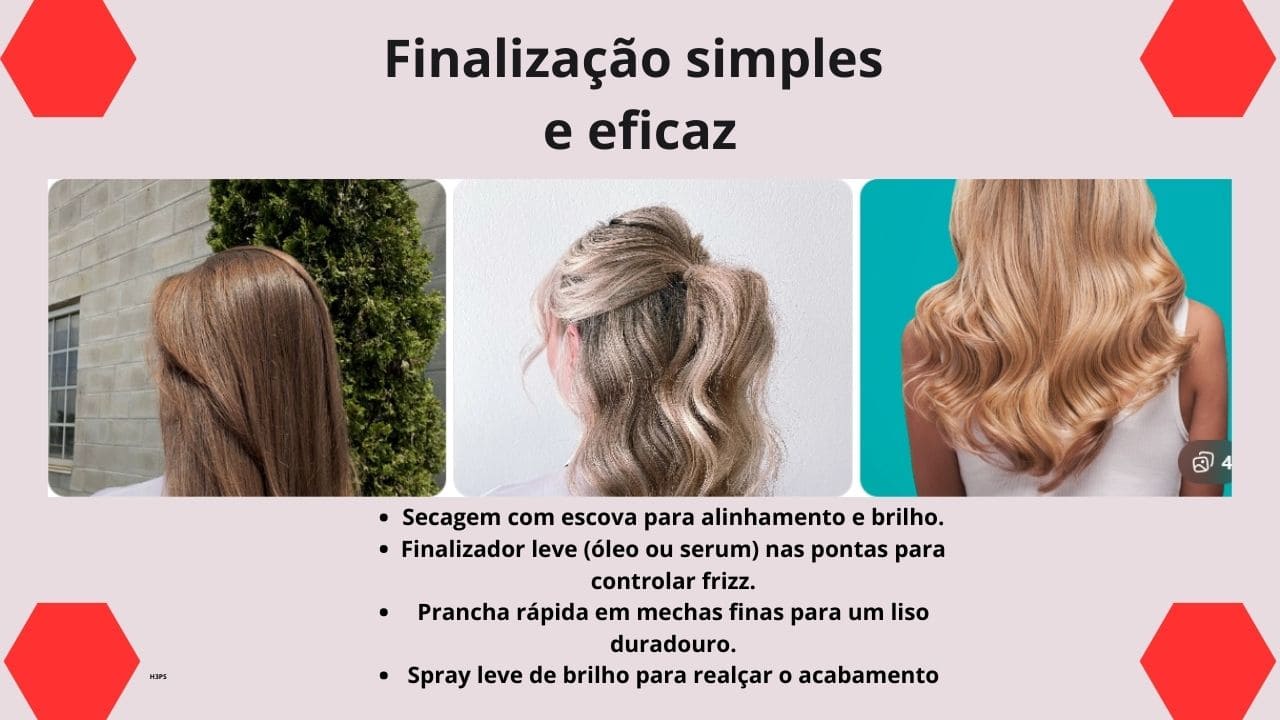 Cabelo liso, alinhado e com brilho natural após finalização prática e leve.