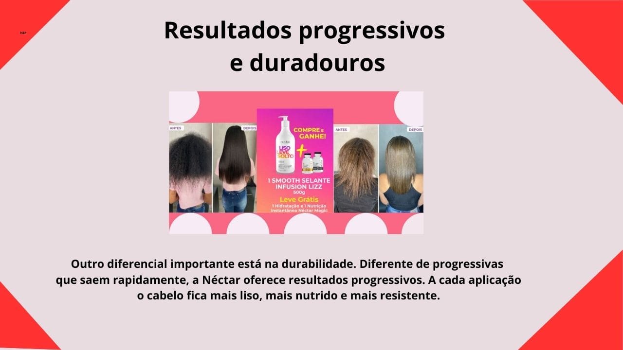 Cabelo visivelmente mais liso, alinhado e com brilho intenso, mostrando a evolução do tratamento ao longo das aplicações.