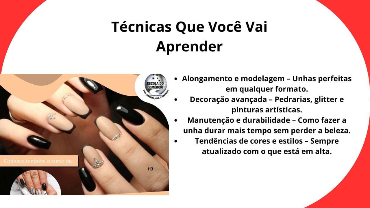 Imagem de uma designer de unhas praticando técnicas avançadas de nail design, como alongamento, esmaltação perfeita e nail art detalhada.