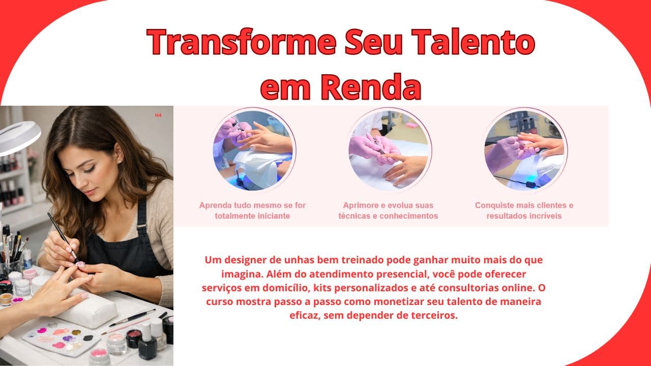 Imagem de uma designer de unhas atendendo uma cliente, demonstrando profissionalismo e criatividade em um ambiente de trabalho organizado.