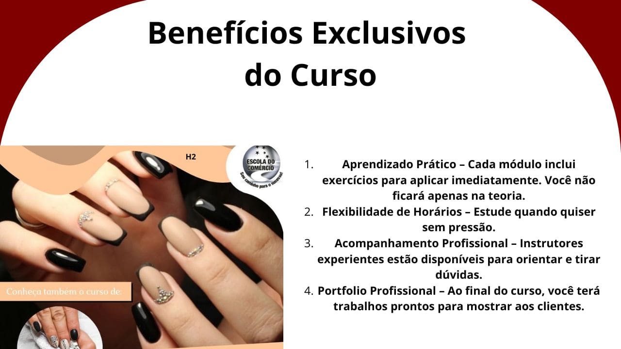 Imagem de uma designer de unhas em treinamento profissional, aplicando técnicas modernas de nail design com materiais de alta qualidade.