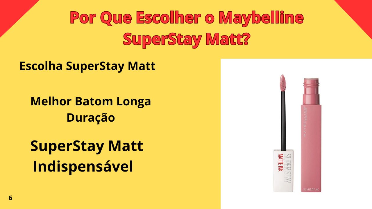 Imagem do batom Maybelline SuperStay Matte Ink em destaque, com foco em longa duração, acabamento matte e alta pigmentação.