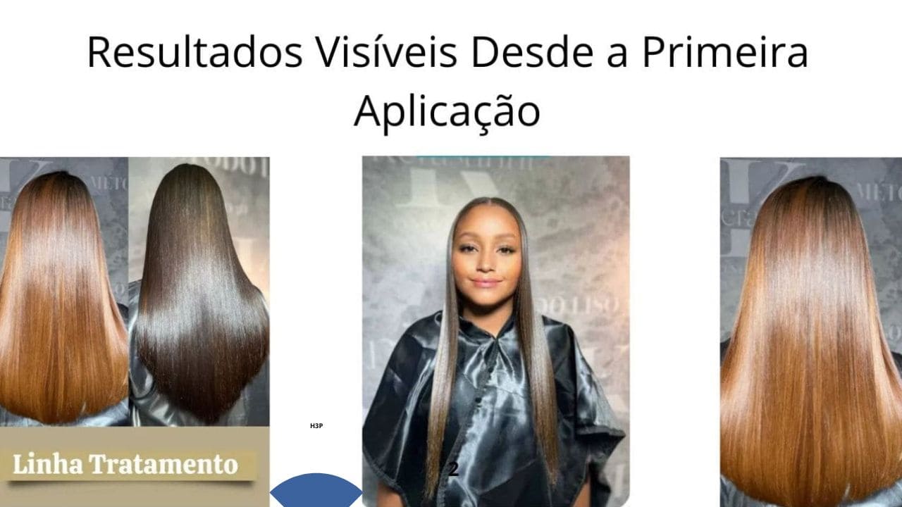 “Antes e depois de um tratamento capilar, mostrando fios visivelmente mais lisos, alinhados e brilhantes.”