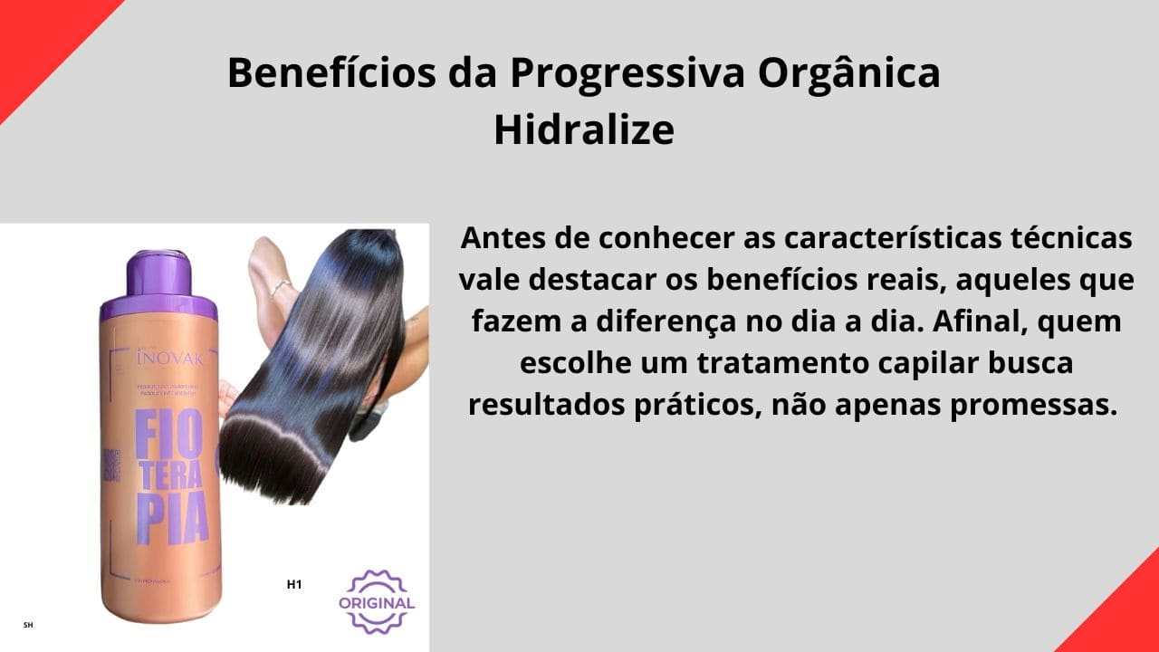 Cabelo liso, alinhado e com brilho intenso após aplicação da Progressiva Orgânica Hidralize, mostrando fios saudáveis e sem frizz. 