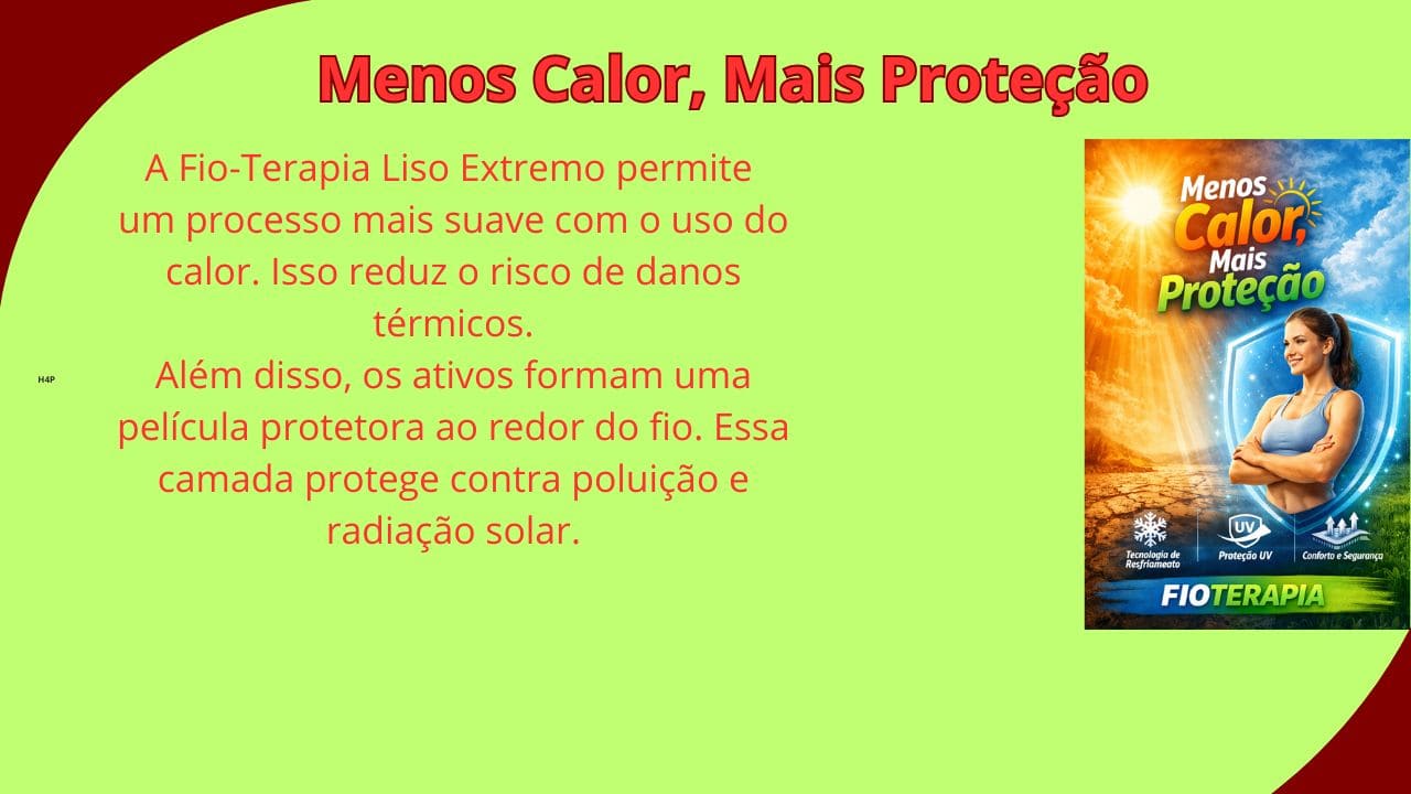 Proteção térmica capilar que reduz o calor excessivo, protegendo os fios e mantendo alinhamento, maciez e saúde.