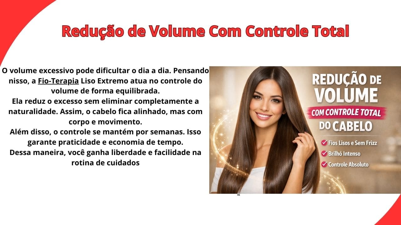 Cabelo com volume reduzido, fios alinhados e controlados, aparência natural, sem frizz e com movimento saudável após tratamento capilar. 