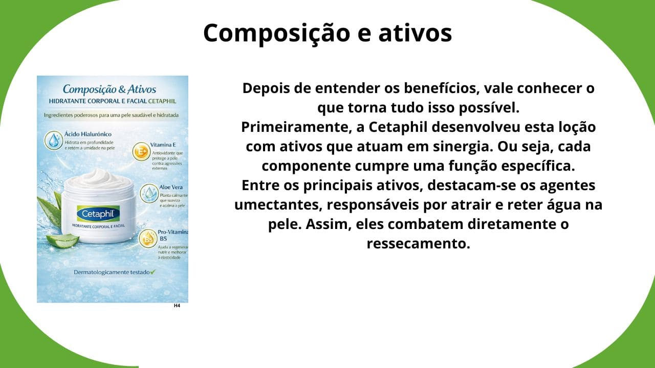 Composição e principais ativos do Cetaphil destacados em embalagem de hidratante corporal e facial.