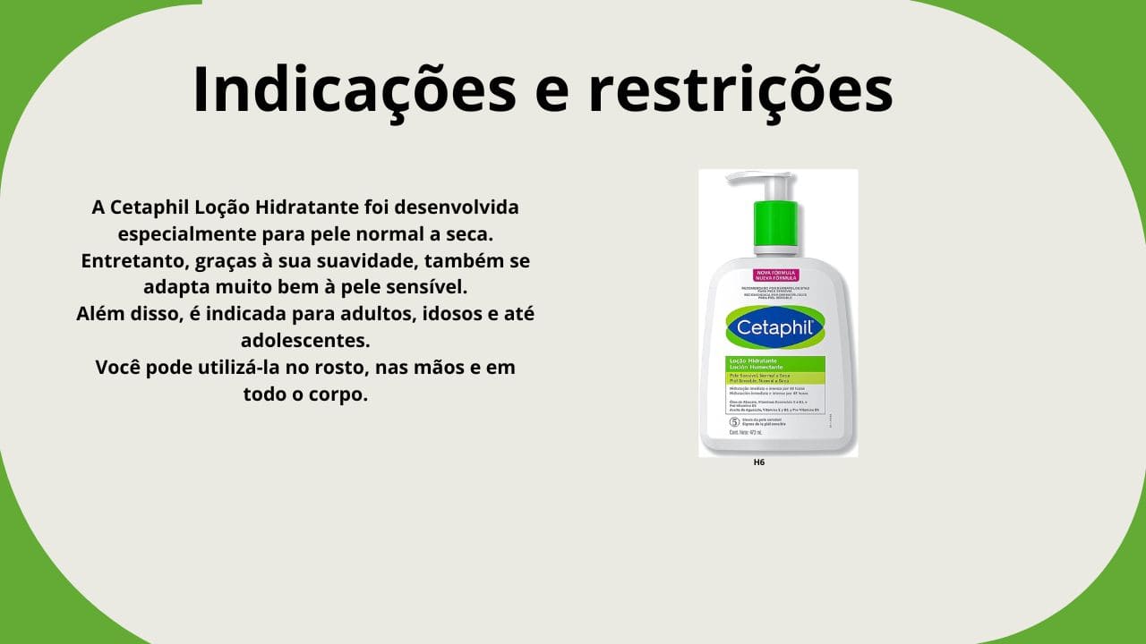 Embalagem do hidratante Cetaphil com destaque para indicações de uso e cuidados para diferentes tipos de pele.