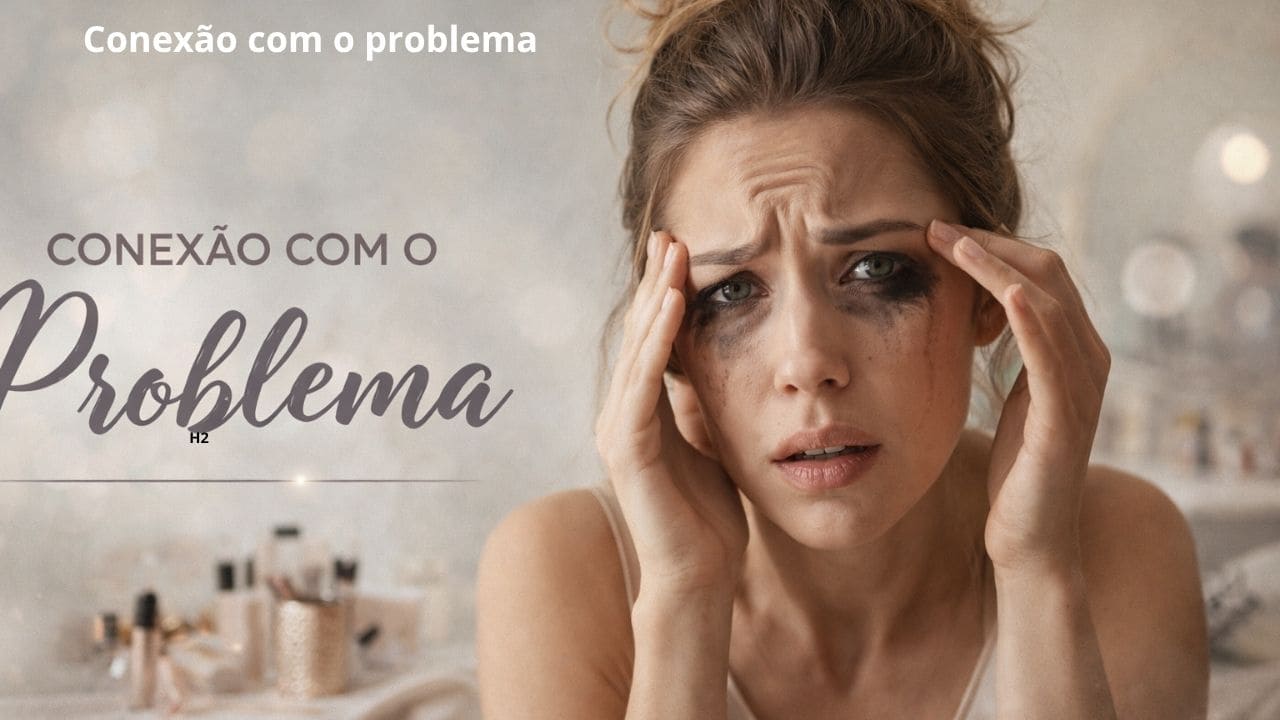 Mulher com expressão frustrada olhando no espelho, com maquiagem borrada, representando dificuldades comuns ao se maquiar sozinha.