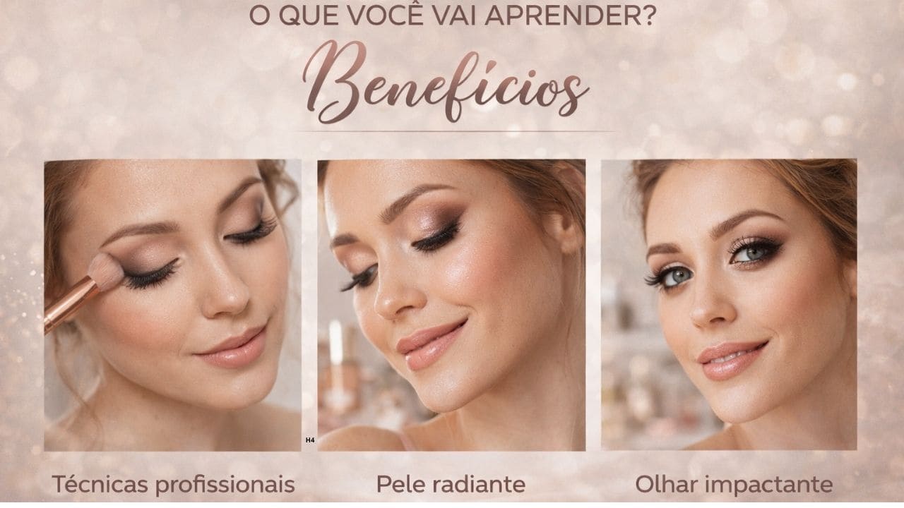 Sequência de imagens mostrando aplicação de maquiagem com foco em técnicas, pele radiante e resultado final profissional.