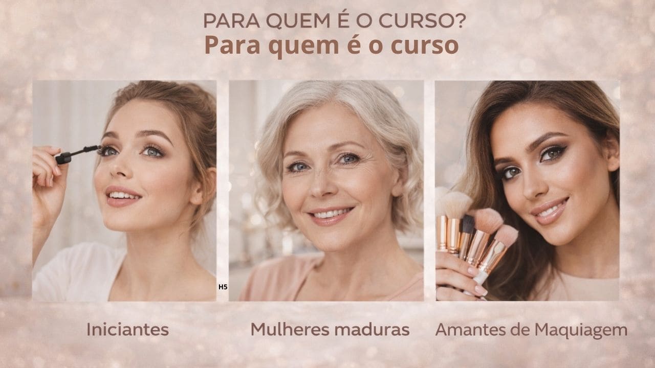 Imagem com diferentes mulheres de perfis variados, representando que o curso de automaquiagem é acessível para iniciantes, intermediárias e apaixonadas por maquiagem.