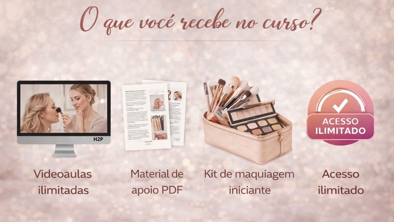 Imagem mostrando itens do curso de maquiagem como videoaulas, materiais digitais e ferramentas, representando tudo que a aluna recebe ao adquirir o curso.