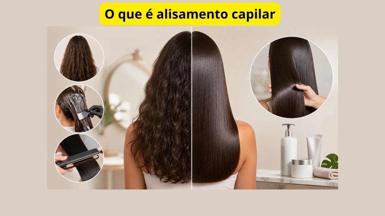 Mulher com cabelo metade cacheado e metade liso mostrando o resultado do alisamento capilar em um ambiente de salão de beleza.