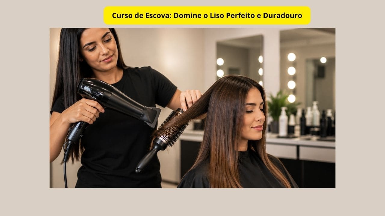 Cabeleireira fazendo escova profissional em cabelo longo, liso e brilhante em salão de beleza moderno.