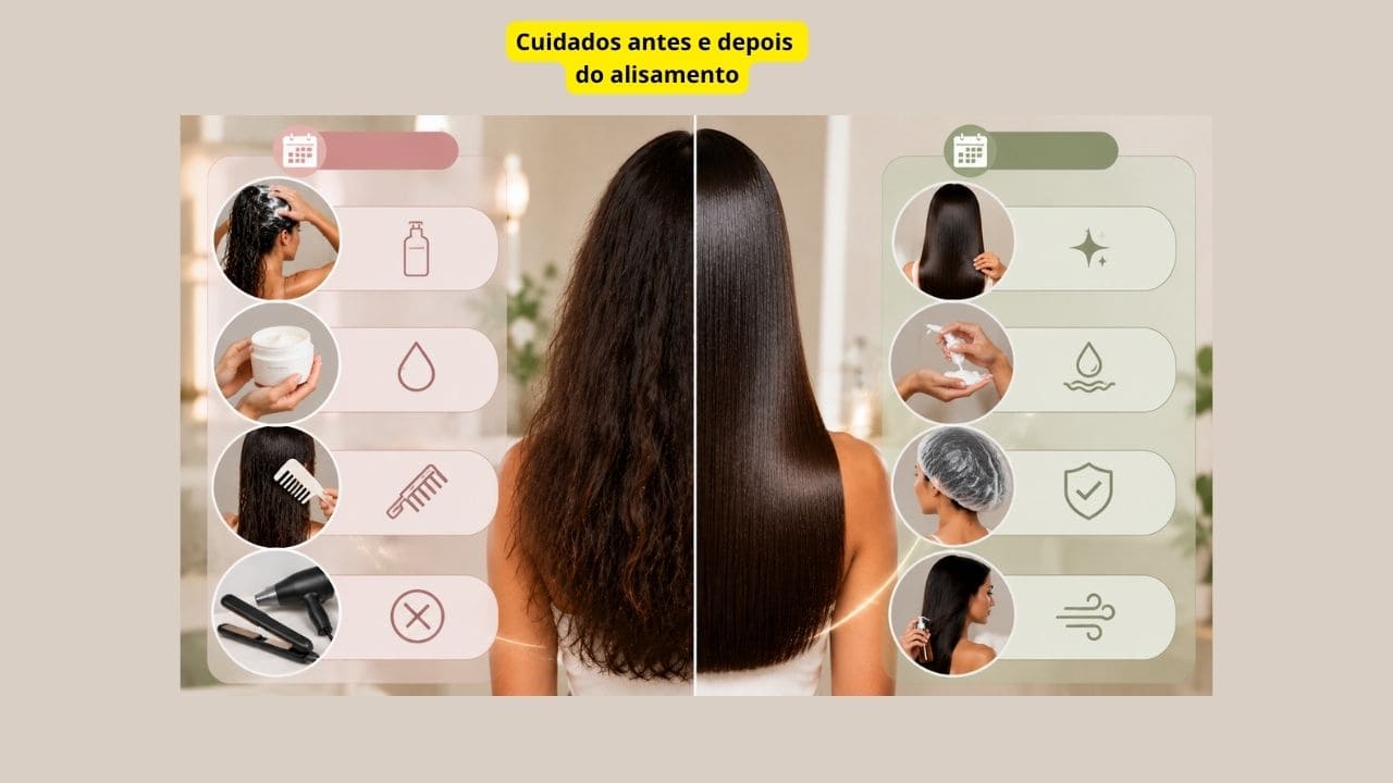 Imagem mostrando cuidados antes e depois do alisamento capilar com cabelos cacheados e lisos, produtos de hidratação e rotina de tratamento.