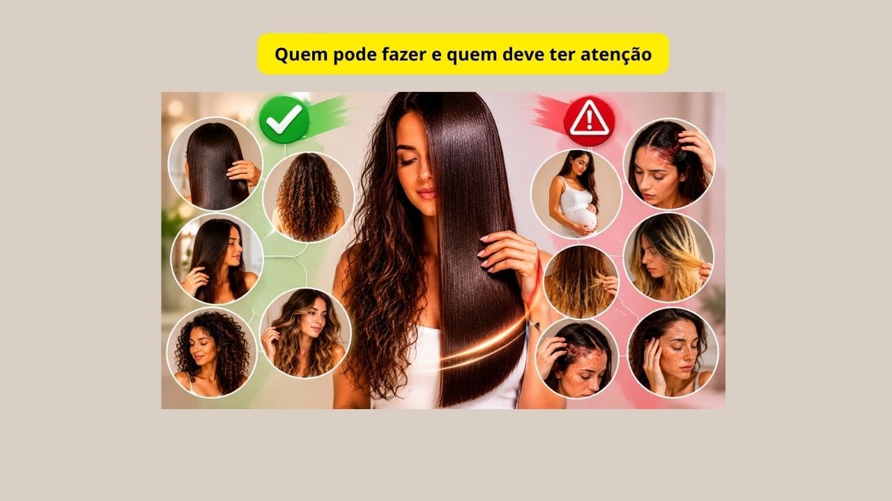 Imagem comparando pessoas indicadas e casos que exigem atenção antes do alisamento capilar, mostrando cabelos saudáveis e fios sensibilizados.