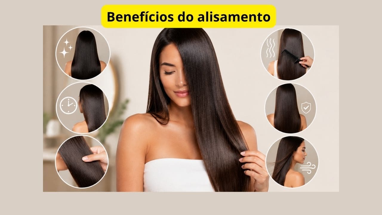 Painel com diferentes resultados de alisamento capilar mostrando cabelos lisos, brilhantes e técnicas usadas em salão de beleza.