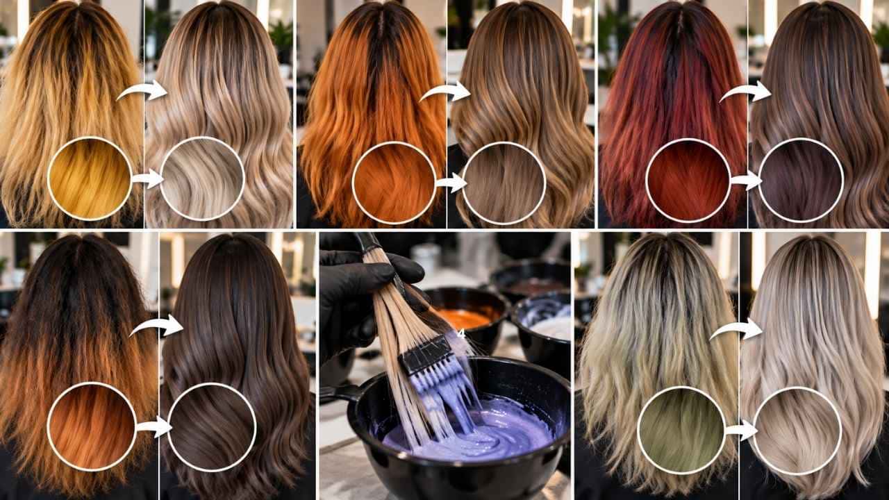 Correção de cores indesejadas no cabelo usando técnicas de colorimetria capilar profissional.