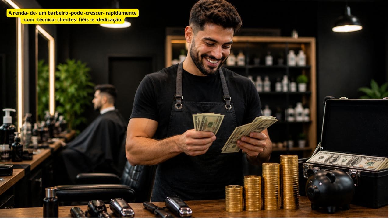 Imagem representando o potencial de ganhos na profissão de barbeiro, destacando crescimento financeiro, agenda cheia e valorização no mercado atual.