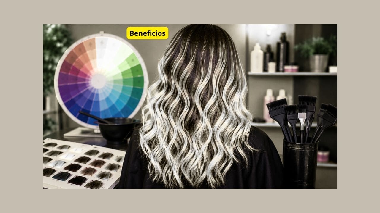Cabelo loiro com técnicas de colorimetria capilar ao lado de círculo cromático e materiais profissionais.