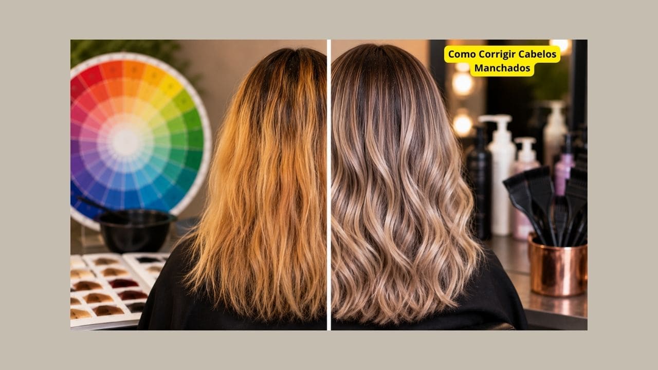 Transformação capilar mostrando correção de cabelo manchado com técnica de colorimetria profissional.