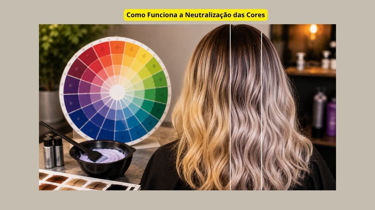 Círculo cromático usado na neutralização de cores em cabelos loiros durante processo de colorimetria capilar.