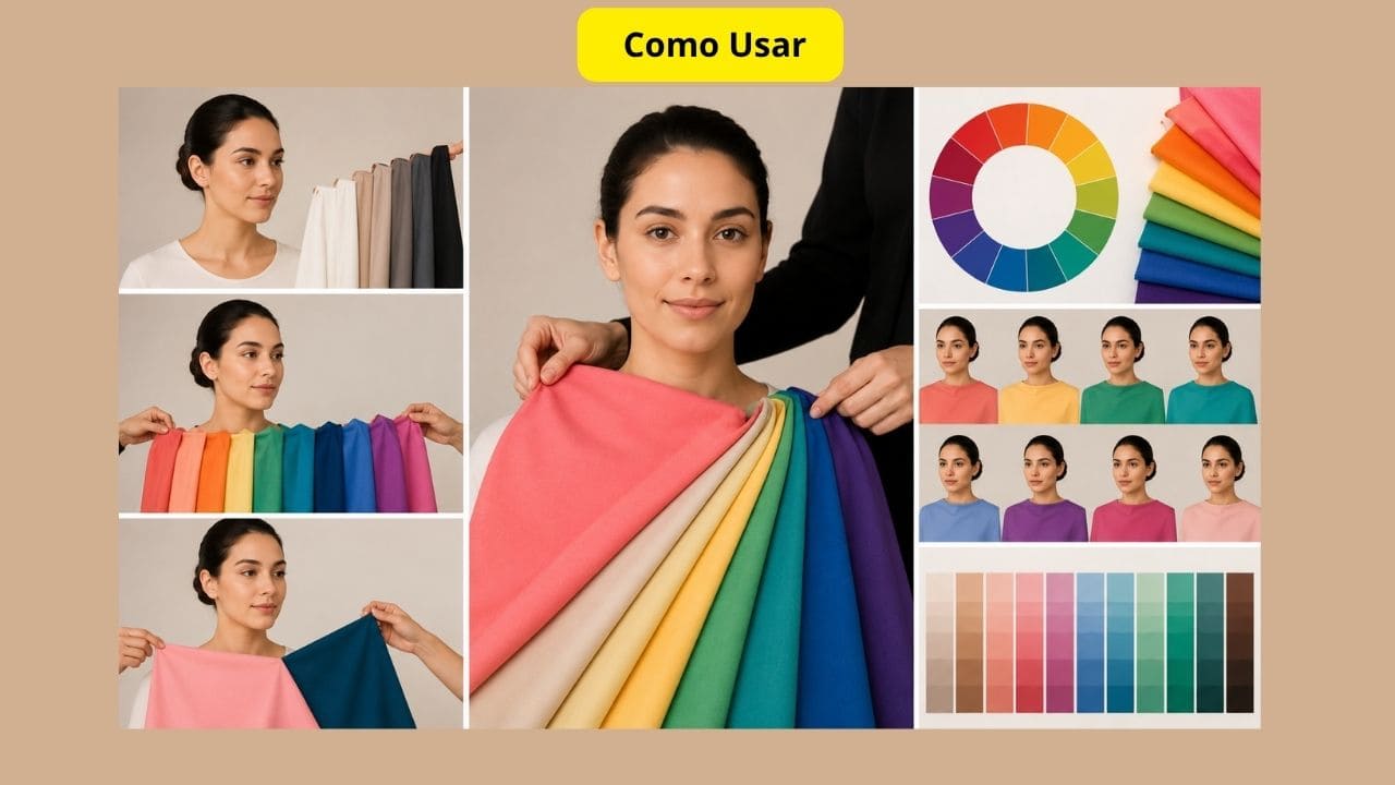 Mulher analisando tecidos coloridos durante um teste de colorimetria para descobrir as cores que valorizam sua aparência.
