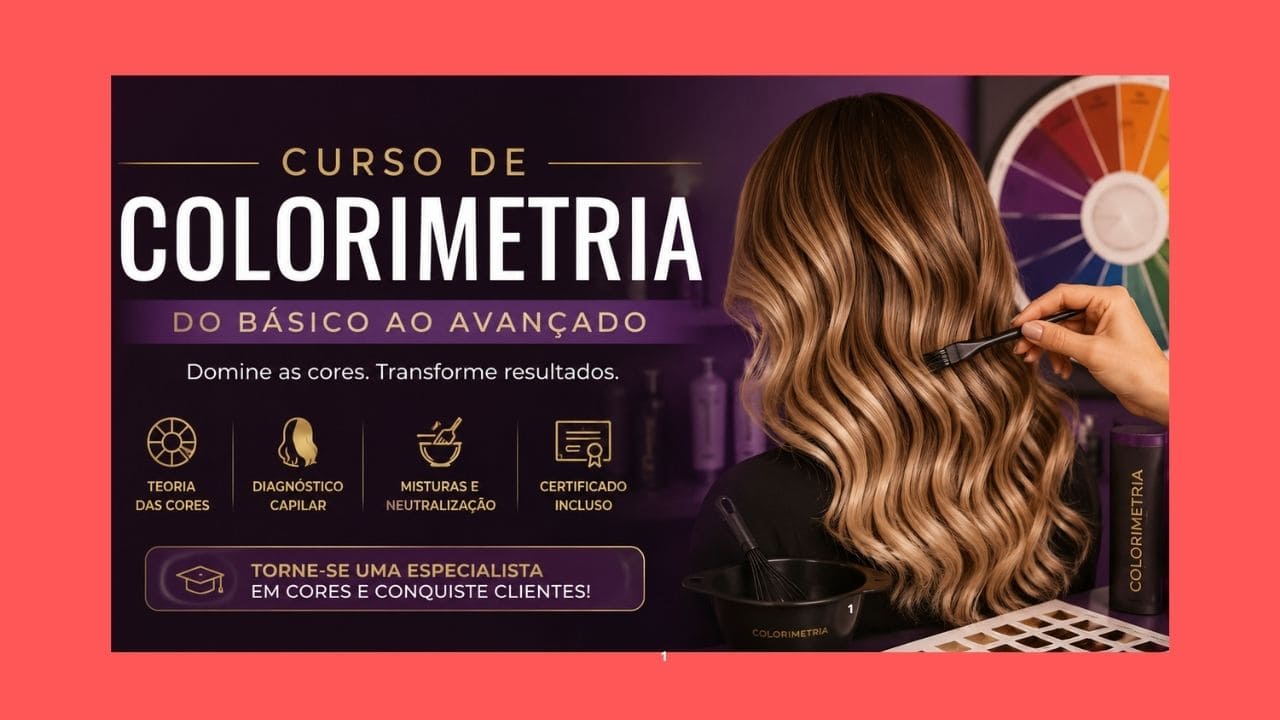 Profissional realizando técnicas de colorimetria capilar em cabelos loiros com círculo cromático ao fundo.