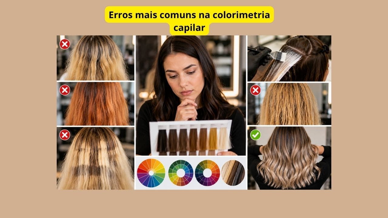 Profissional analisando tons de cabelo e cartela de cores para evitar erros na colorimetria capilar.