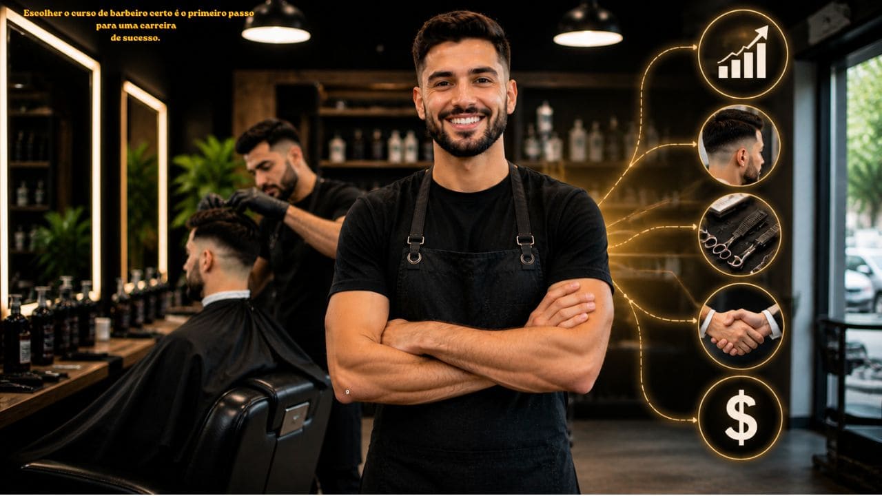 Imagem representando a escolha do melhor curso de barbeiro, destacando aprendizado prático, técnicas modernas e formação profissional.