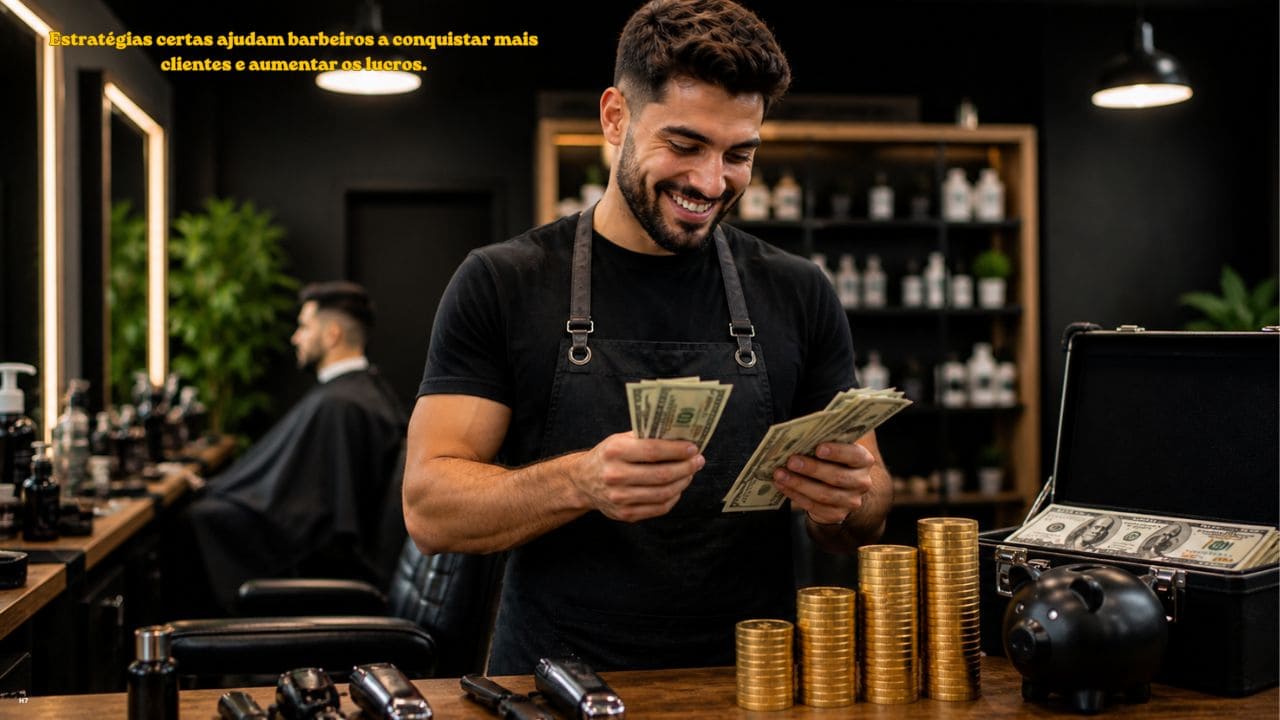 Imagem representando estratégias de marketing e atendimento para barbeiros atraírem mais clientes e aumentarem seus lucros.
