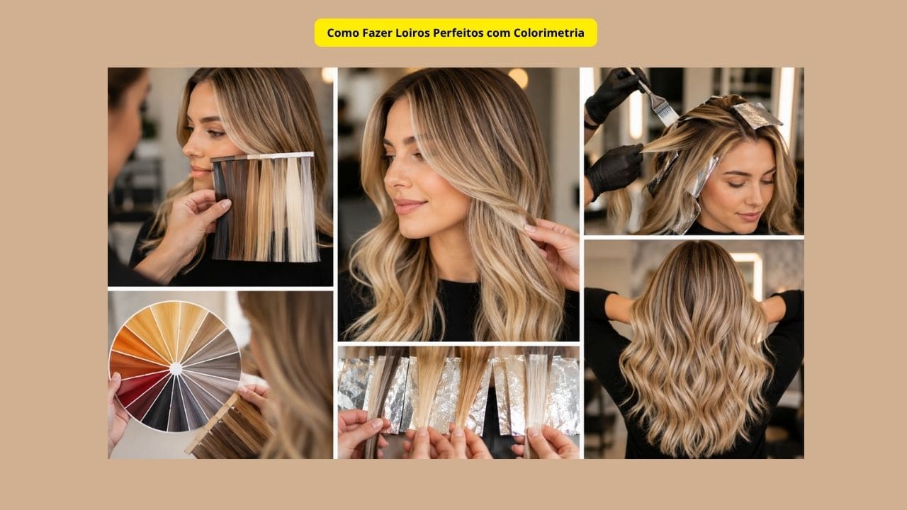 Profissional aplicando técnica de colorimetria em cabelo loiro para criar um tom iluminado, uniforme e harmonioso.