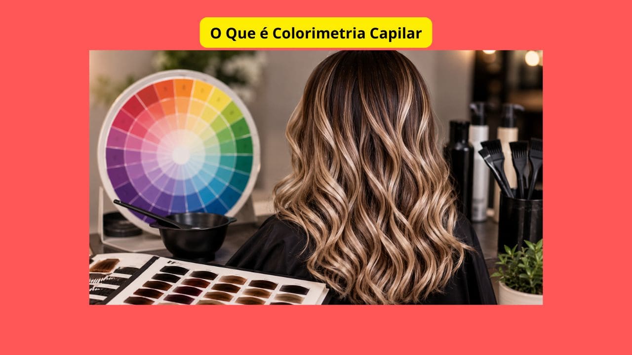 Cabelo loiro com técnicas de colorimetria capilar ao lado de círculo cromático e materiais profissionais.